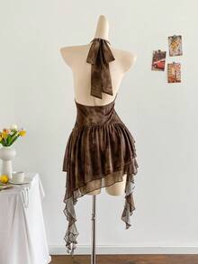 Soleia 女士浪漫度假露背针织网眼蓝色印花连衣裙 - 棕色 - 查看 2