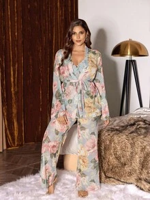 Slumberist Fashionable Floral Print Lace-Up Camisole & Robe Sleepwear Set, Plus Size Sleepwear Two Piece Lounge Set Floral Women Lounge Sets PJS PJSs For Women - Multicolor - View 6
