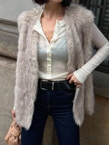DAZY Women's Autumn Elegant Front Open Faux Fur Vest Jacket