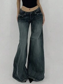 DAZY 女式休闲做旧低腰阔腿牛仔裤 - 深色水洗藍 - 查看 4