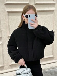 SHEIN Quần áo bé gái tuổi teen, Áo khoác nhung chần bông có khóa kéo, Thích hợp cho bé gái tuổi teen mặc thường ngày, Trở lại trường, Lễ khai giảng, Trang phục hàng ngày, Đi học, Du lịch, Thể thao, Mùa đông, Giáng sinh - màu đen - Xem 4