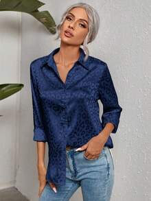 SHEIN Clasi 女士时尚休闲纽扣长袖有领梭织衬衫 - 藍色 - 查看 6