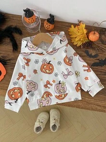 SHEIN Infant/Baby Girl Oversized Pumpkin Print Funny Stylish Cute Halloween Sweatshirt, 6 Months - 3 Years Fall Winter