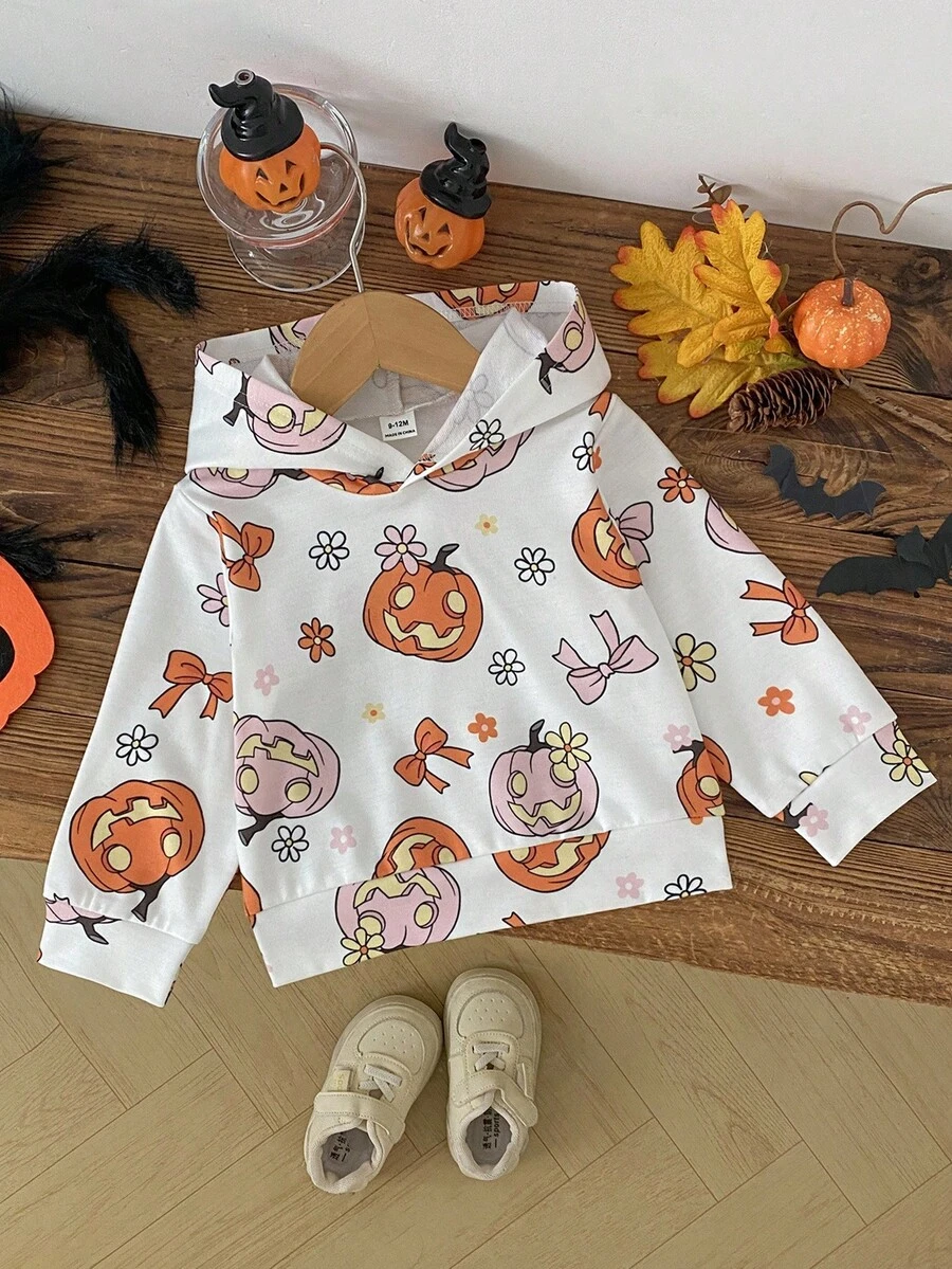 SHEIN Infant/Baby Girl Oversized Pumpkin Print Funny Stylish Cute Halloween Sweatshirt, 6 Months - 3 Years Fall Winter