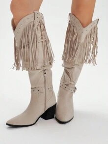 Styleloop Women's Simple Slip-On Comfortable Wooden Heel Boots With Fringe Details, Suitable For Halloween, Christmas, Party, Music Festival, Autumn/Winter, Brown, Western/ Core - Apricot - View 5