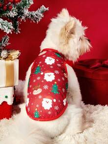 PETSIN 1件宠物圣诞猫狗通用红色圣诞老人圣诞树麋鹿全卡通插画可爱印花弹力舒适狗狗圣诞背心 - 彩色 - 查看 2