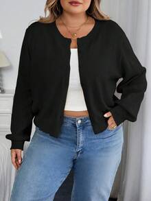 SHEIN CURVE+ Curves 大码/学校服装/返校服装/返校休闲纯色圆领长袖宽松短款大码开衫大码耸肩 8xl 大码夏季黄色开衫 6xl 大码开衫，女士秋季服装女士秋季服装，冬季，CURVE PLUS - 黑色 - 查看 3