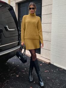 EMERY ROSE 女士休闲时尚学院风简约纯色高领宽松套头毛衣和褶皱毛衣裙套装，秋冬 - 鵝黃色 - 查看 4