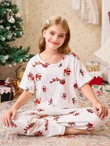 Tween Girl Santa Claus Print Casual Pajama Set, Christmas - White - View 1