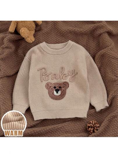 Loomiva Baby Boy Cartoon Bear & Letter Pattern Soft Knit Crew Neck Long Sleeve Sweater Autumn Winter Clothes For Women