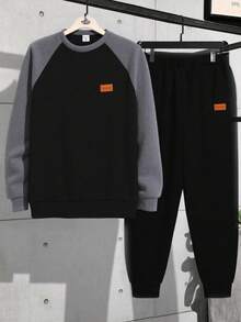SHEIN Bộ 2 quần nỉ cổ tròn tay raglan màu tương phản có dây rút trang trí thường ngày cho bé trai tuổi teen, bộ quần áo cơ bản tối giản đa năng thích hợp mặc ở nhà, đi làm, đi học, thường ngày, đi nghỉ, ngoài trời, tiệc tùng, thu đông - Nhiều màu - Xem 6