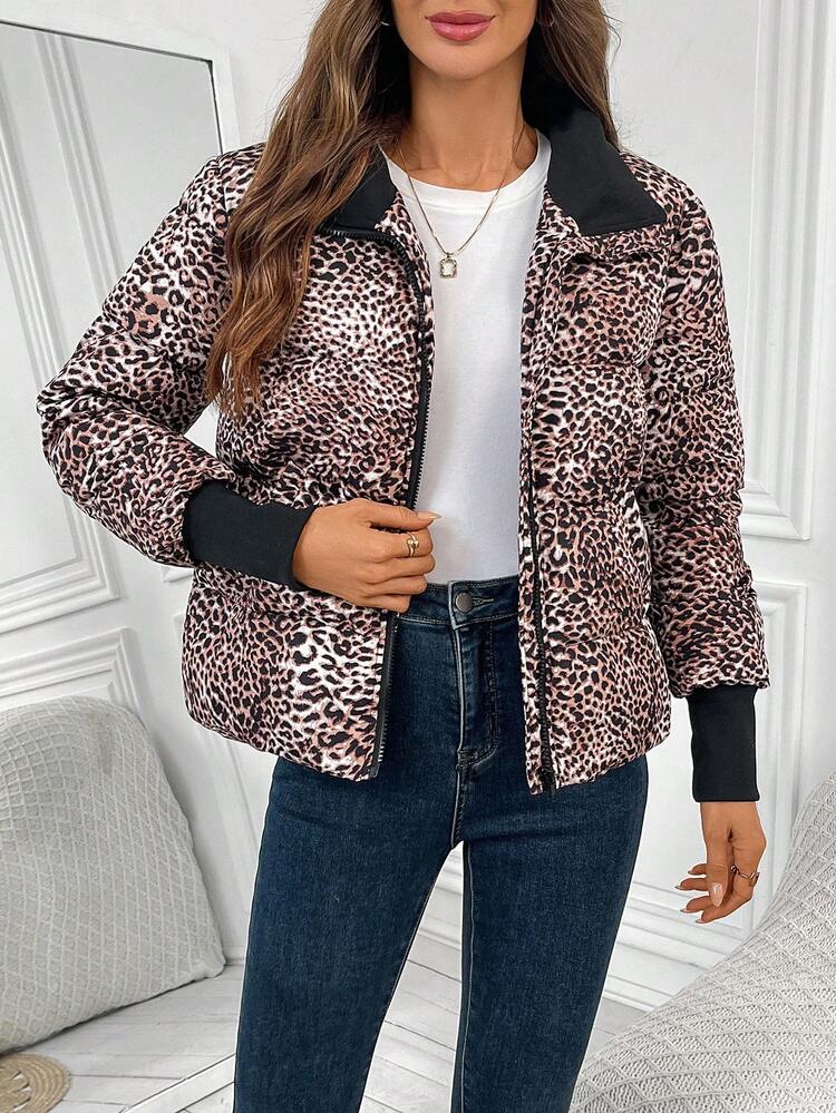 Women's Leopard Print Zip-Up Casual Winter Jacket