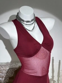 SHEIN Unity 女士优雅性感网眼拼接连衣裙，秋冬 - 酒紅色 - 查看 5