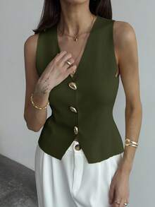 Aloruh Chaleco de punto de mujer con cuello en V y abotonadura sencilla, informal, para otoño - Verde militar - Ver 7