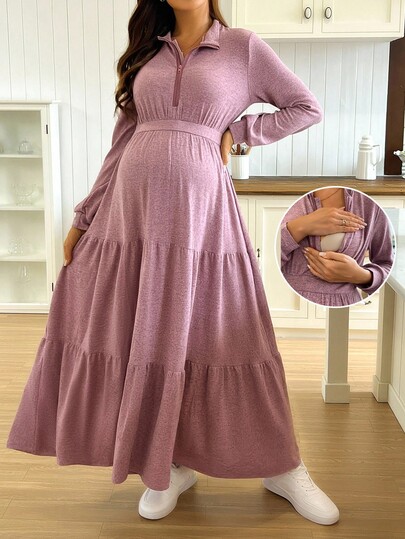 SHEIN Casual Solid Color Turndown Collar Nursing Dress