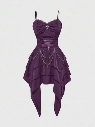 Vintage Gothic Metall Kette abnehmbare Taille Gürtel asymmetrischer Saum Damen Kleid