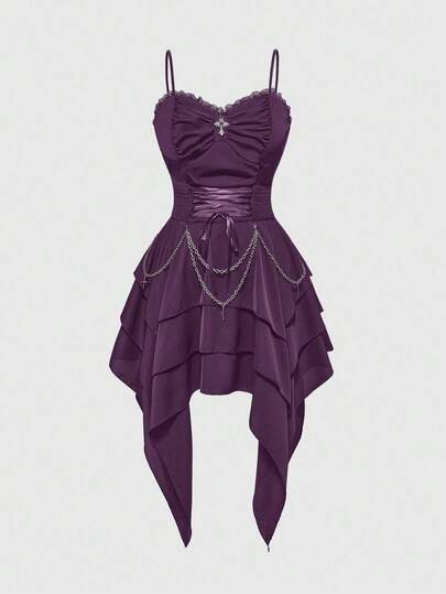 Goth Vintage Gothic Metal Chain Detachable Waist Strap Asymmetrical Layered Hem Women Dress