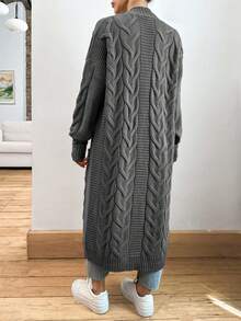 EURMUSE Cabel Pattern Patch Pocket Longline Thick Cardigan - Dark Grey - View 2