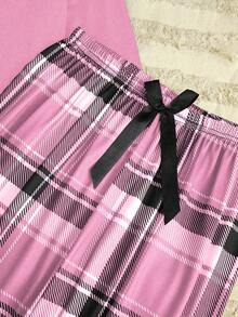 女士泰迪熊印花长袖上衣和格子蝴蝶结装饰印花长裤睡衣套装，春秋季，秋冬季服装 - 彩色 - 查看 5