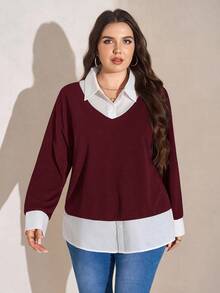 SHEIN LUNE Plus Size Women's Red & White Contrast Collar 2 In 1 Top, Thanksgiving New Years Winter Rave Burgundy Casual Top - Burgundy - View 3
