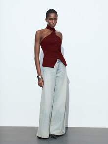 Maija 2025秋冬新款酒红色不对称镂空露背垂褶前开襟开衫背心，收腰显瘦设计，百搭实用，适合通勤、日常、浪漫、休闲、圣诞节、新年、感恩节、派对、海滩、毕业典礼、时尚等多种场合，也适合婚礼宾客、主人、约会、聚会、音乐会、早午餐、机场等多种场合。