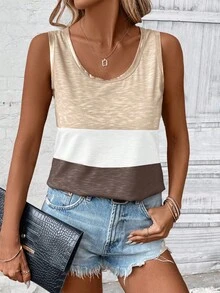 EMERY ROSE 条纹拼色圆领背心图案T恤女式上衣 - 彩色 - 查看 5