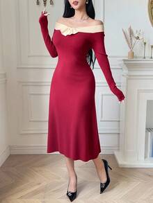 DAZY French Off Shoulder High-Quality Fitted Long Sleeve Knit Dress With Bow Decor, Autumn/Winter Sweater Dress - Burgundy - View 3