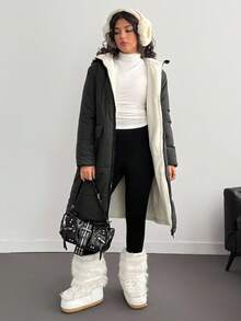 Sparklyn Teen Girl Black Casual Minimalist Thickened Long Padded Coat, With White Thermal Lined, Dual Flap Pockets, Suitable For Daily Outings, Winter, And Skiing - Black - View 3