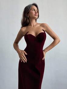 Aloruh Abito lungo da donna in velluto bordeaux senza spalline - Bordò - Visualizzare 5