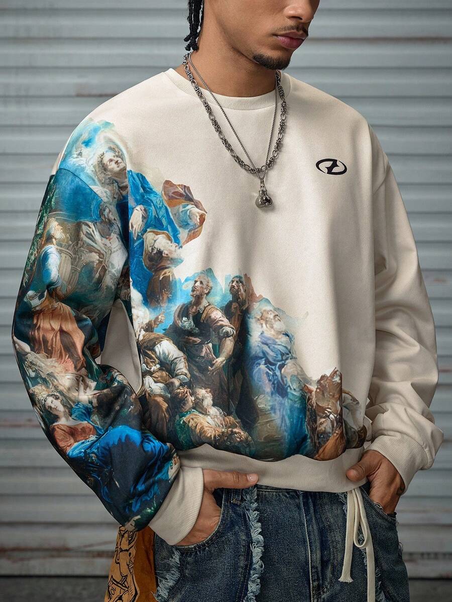 AXEPEAK Men's Patterned Sweatshirt Retro Oil Painting Print Round Neck Loose Long Sleeve Pullover Sweatshirt, For Fall Winter - Multicolor - View 1