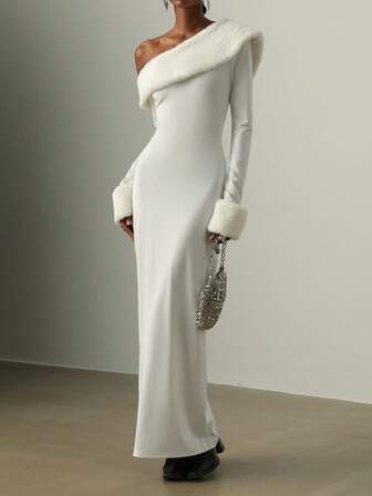 Vesra Sexig och elegant långklänning med axelskarvar och fuzzy trim för kvinnor, höst