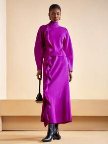 Zivah 2025 Autumn/Winter New Elegant Party, Daily, Date, Work Commute Refined Sexy Casual Long Sleeve Ruffle Trim Loose Purple Women Sweater 2pcs Set - A,Cozy Fall And Winter Clothes For Women