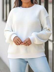 EMERY ROSE Back To School White Waffle Knit Sweatshirt For Plus Size Women,Autumn Basic Smart Casual Everyday Loose Fit Crew Neck Long Sleeve Pullover Top - Multicolor - View 5