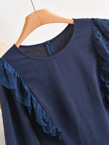 CosyJoli Camicetta in chiffon oversize con scollo a V, maniche a lanterna e ricamo, stile casual - Blu Navy - Visualizzare 4