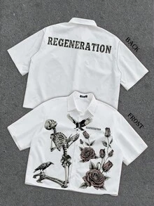 Manfinity ZONE917 ZONE917 Loose Cropped Skull & Flower Print White Short Sleeve Shirt