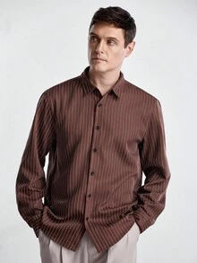 Manfinity CityGents Men's Fashion Casual Striped Print Button-Down Long Sleeve Shirt Brown Striped Shirt Men Long Sleeved Shirt Men Vintage Long Sleeved Shirt Casual Business Shirt Men Rust Color Men Shirt, Fall