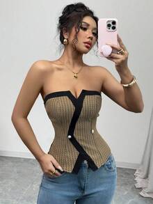 Elenzga 女式优雅格纹撞色滚边修身抹胸，夏季 - 卡其色 - 查看 4