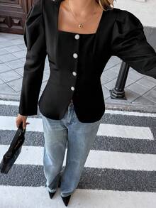 Chiquease Women's Elegant Commuter Solid Color Gigot Sleeve Jacket, Autumn - Black - View 5