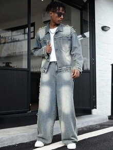 Manfinity EMRG Men Plus Size Vintage American Street Style Distressed Loose Denim Jacket & Baggy Wide Leg Jeans Y2k, Fall Clothes - Blue - View 4