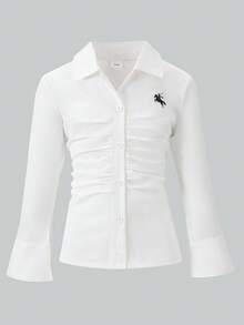 SHEIN Teenage Girls' Autumn/Winter Floral Gray Japanese Style Sweatshirt Patchwork With Blue & White Striped Shirt Collar, English Letter Print Long Sleeve, Hem Patchwork With Blue & White Striped Woven Fabric, Casual Pullover Suitable For Autumn/Winter Daily Wear, Outings, Vacations, Parties Fall