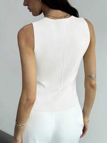 Aloruh Women's Solid Color V-Neck Front Button Casual Fashion Sweater Vest Summer Holiday Simple Commuter Sweater Vest With Unique Metal Buckle Office - White - View 3
