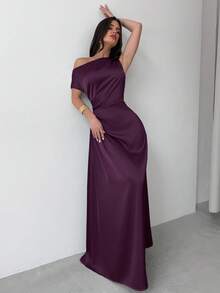 Firerie 女士绿色优雅不对称肩部褶皱鱼尾连衣裙，适合约会、度假、婚礼、活动、返校、毕业典礼、正式伴娘礼服等场合，尽显优雅气质。 - 紫色 - 查看 8