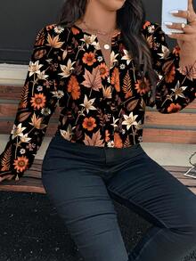 EMERY ROSE 休闲优雅枫叶花卉图案圆领长袖大码衬衫，适合春秋季节 - 彩色 - 查看 4