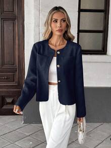 Pariaura 优雅法式编织圆领长袖常规版型女士绿色夹克，夏季新品 - 藏蓝色 - 查看 4