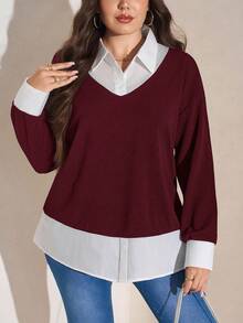SHEIN LUNE Plus Size Women's Red & White Contrast Collar 2 In 1 Top, Thanksgiving New Years Winter Rave Burgundy Casual Top - Burgundy - View 7