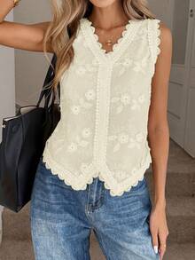 Easowa Women's Summer New White Embroidered Vest Blouse, Suitable For Romantic Vacation, Casual Office Commute, Vintage Style Lace White Top Women Summer Blouse Top Lace Blouse Lace Shirts