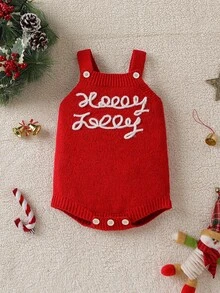 Barboteuse de Noël pour bébé fille avec broderie de lignes et pantalon à bretelles, convient pour le printemps, l'automne et l'hiver - Rouge - Voir 3