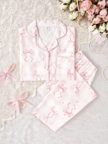 2件套少女杏色简约樱桃印花长袖上衣和裤子休闲舒适家居服 - 彩色 - 查看 3