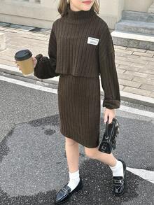 SHEIN Tween Girls' Autumn Back To School Outfit - Soft Textured Ribbed Knit Loose Turtleneck Cropped Sweatshirt & Fitted Camisole Dress 2-Piece Set - Coffee Brown - View 3