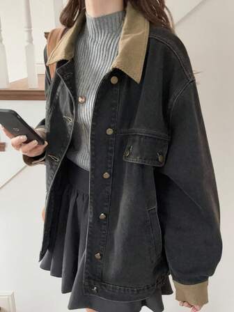 FRIFUL Women's Contrast Color Lapel Loose Casual Versatile Denim Jacket And Coat